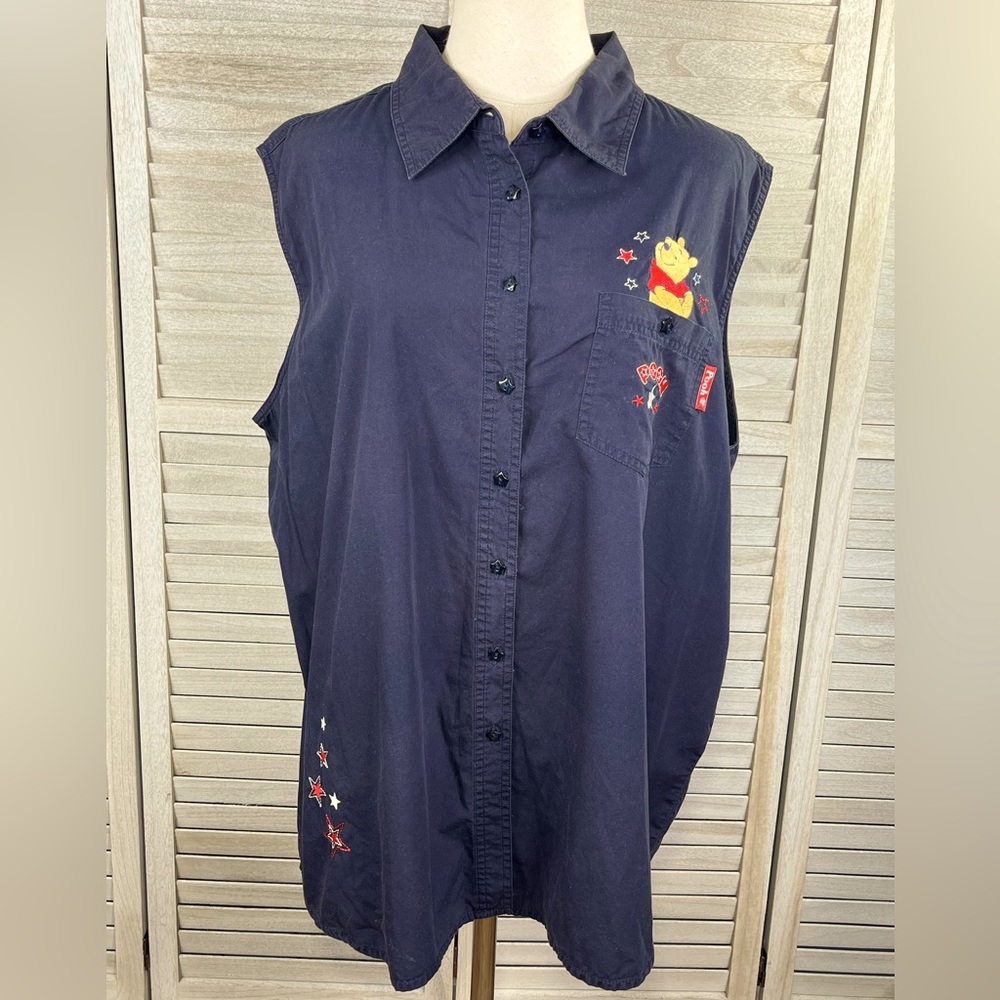 DISNEY Vintage 90's Winnie the Pooh Sleeveless Top Navy w Embroidery-18/20